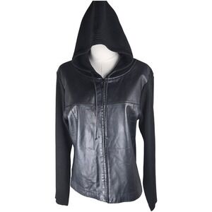 Escapade Leather Knit Moto‎ Jacket Sweater Hooded Zip Mixed Media Biker Goth L